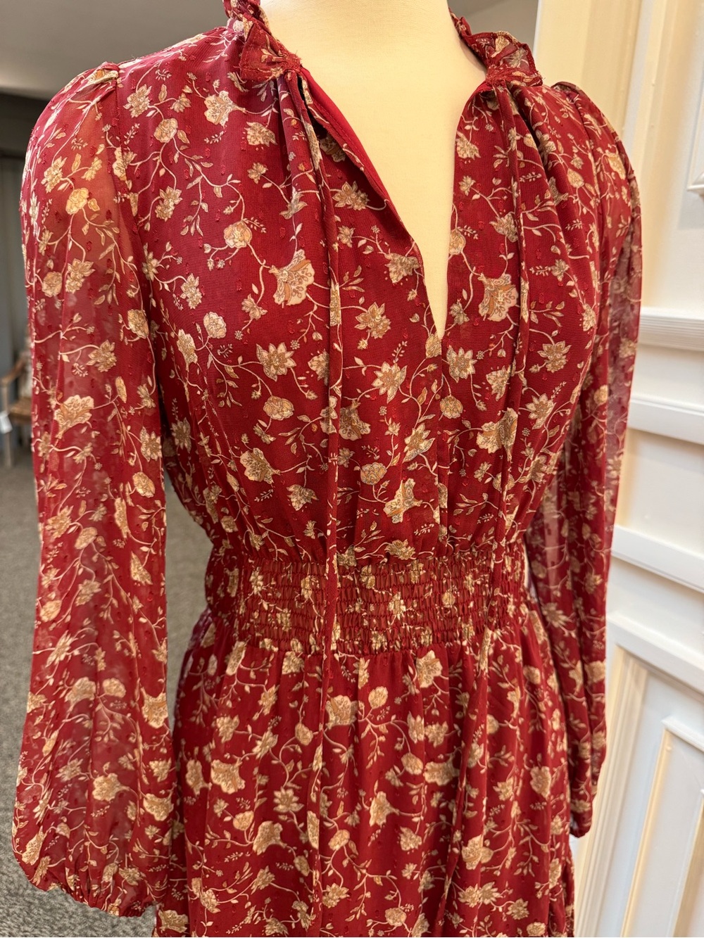 Lucy Paris Red Floral Long-Sleeve Tiered Midi Dress - Picture 2 of 4